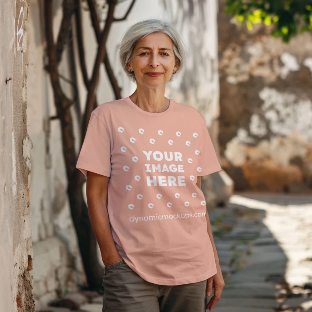 Woman Wearing Peach T-shirt Mockup Front View Template