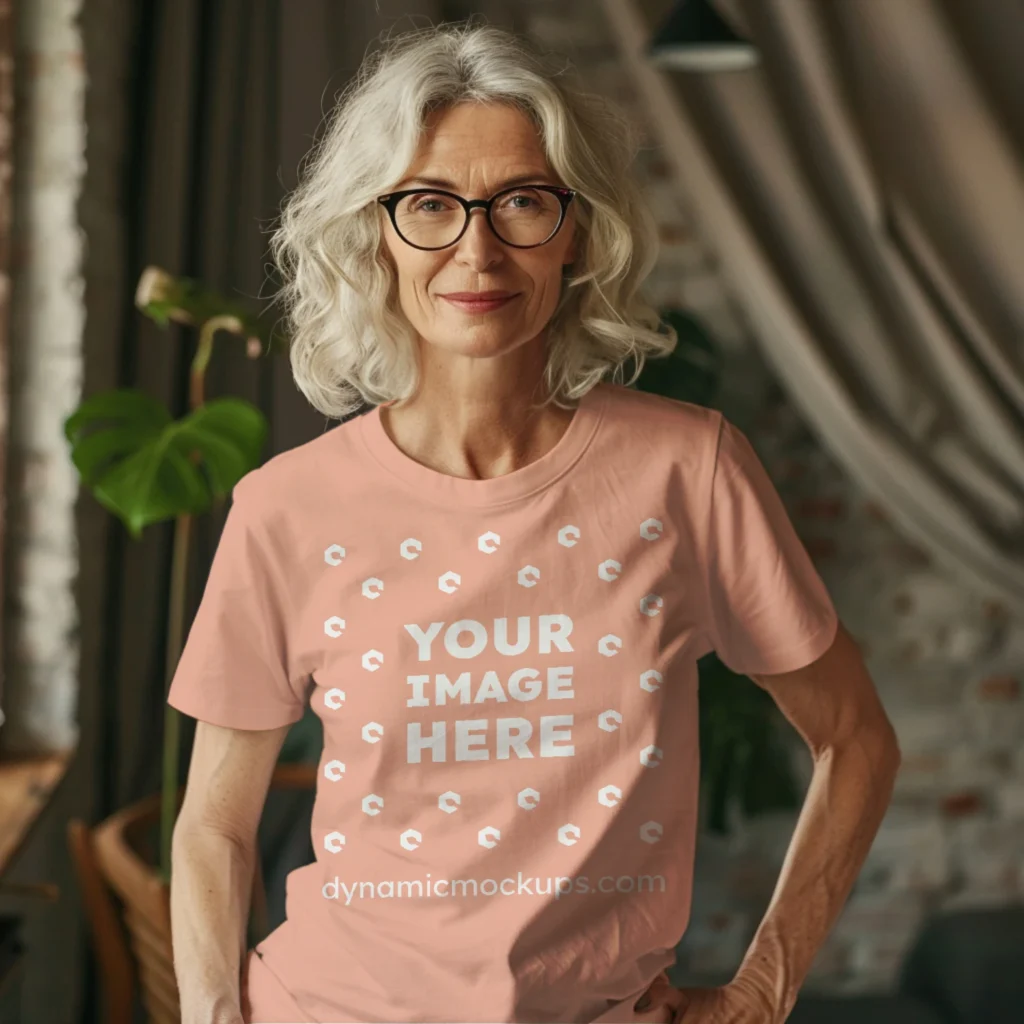 Woman Wearing Peach T-shirt Mockup Front View Template