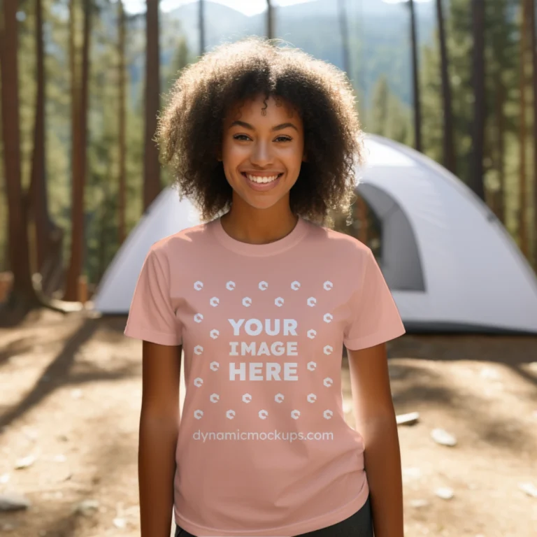 Woman Wearing Peach T-shirt Mockup Front View Template