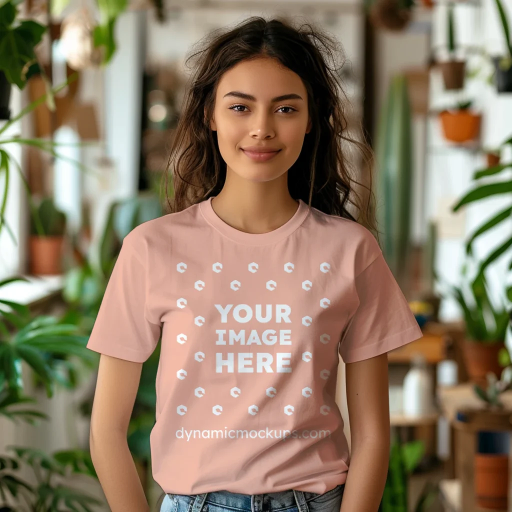 Woman Wearing Peach T-shirt Mockup Front View Template