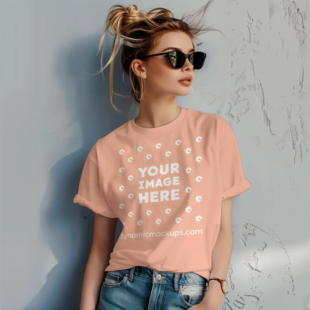 Woman Wearing Peach T-shirt Mockup Front View Template