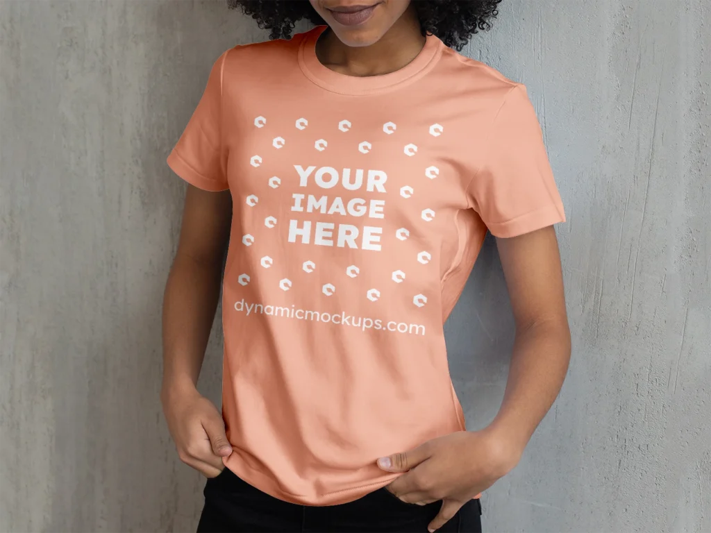 Woman Wearing Peach T-shirt Mockup Front View Template