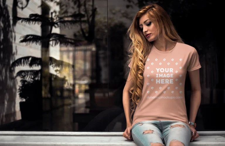 Woman Wearing Peach T-shirt Mockup Front View Template