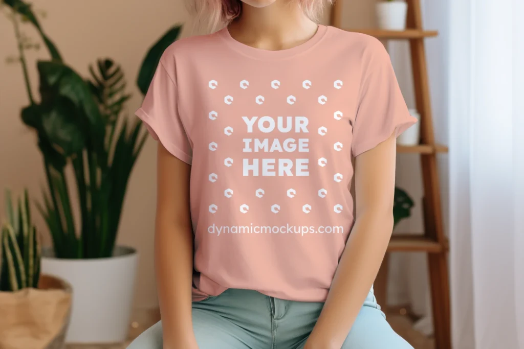 Woman Wearing Peach T-shirt Mockup Front View Template