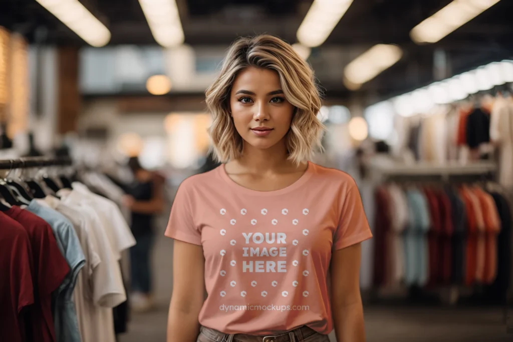 Woman Wearing Peach T-shirt Mockup Front View Template