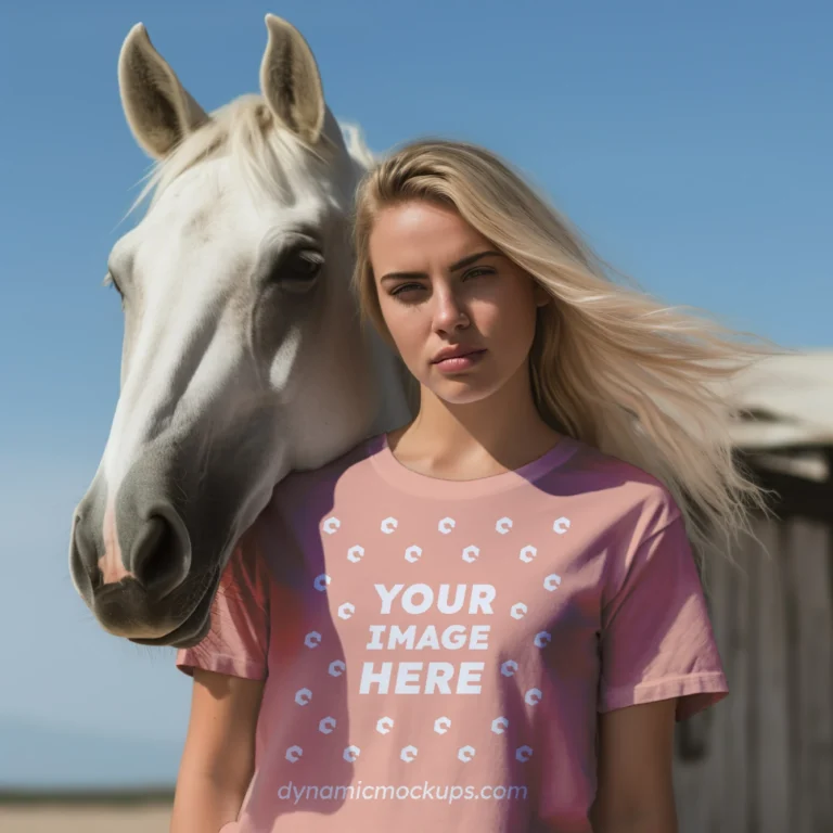 Woman Wearing Peach T-shirt Mockup Front View Template