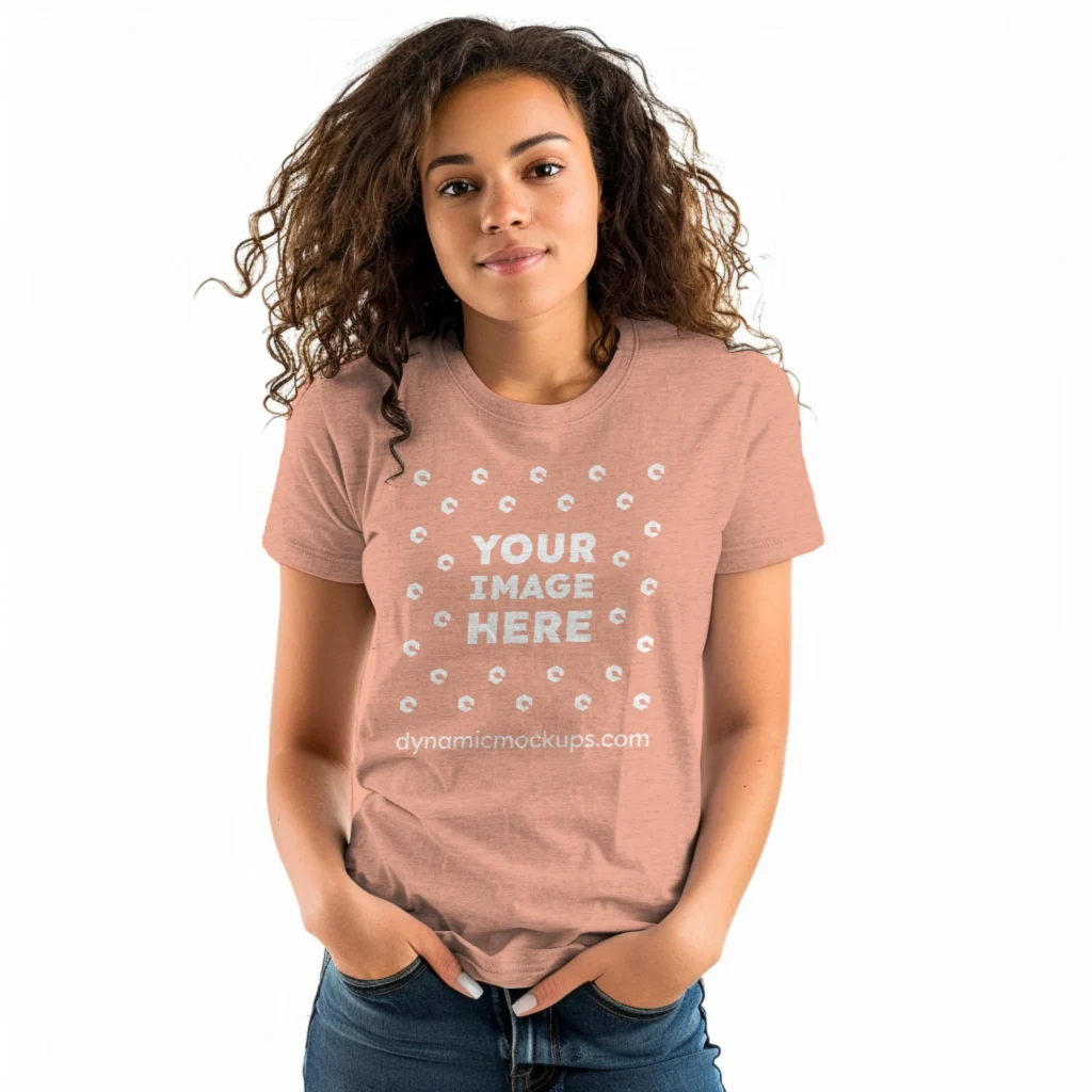 Woman Wearing Peach T-shirt Mockup Front View Template