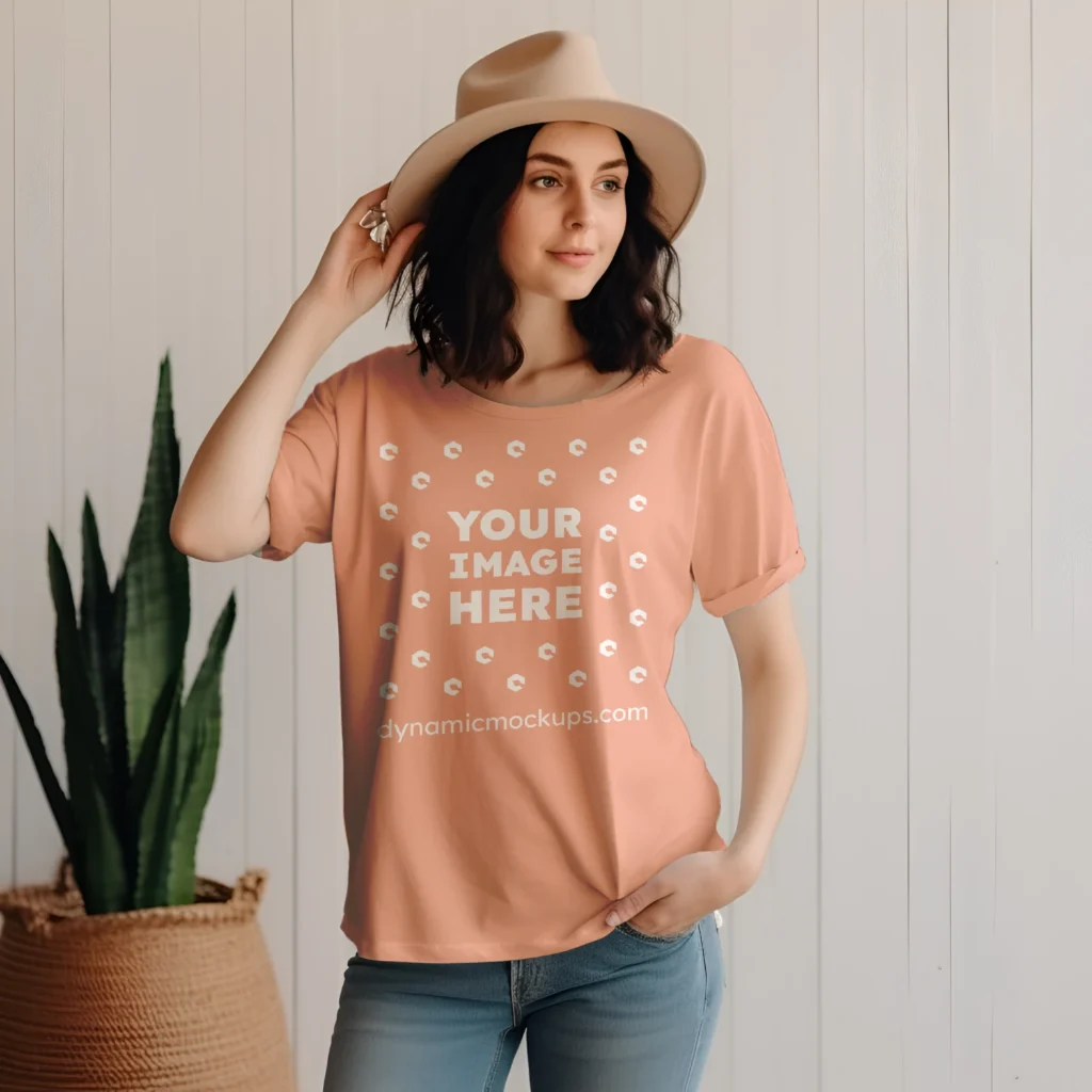 Woman Wearing Peach T-shirt Mockup Front View Template