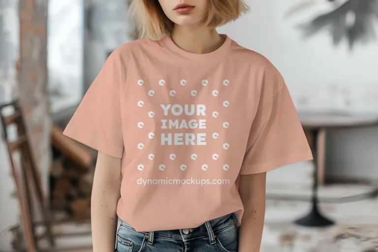 Woman Wearing Peach T-shirt Mockup Front View Template