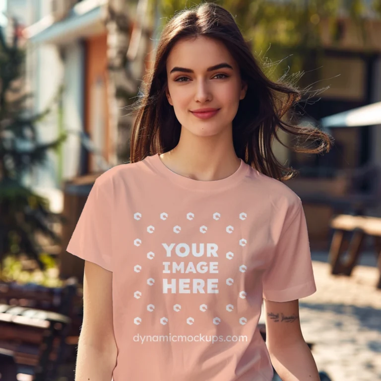 Woman Wearing Peach T-shirt Mockup Front View Template