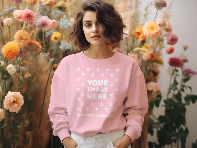 Woman Wearing Pink Sweatshirt Mockup Front View Template