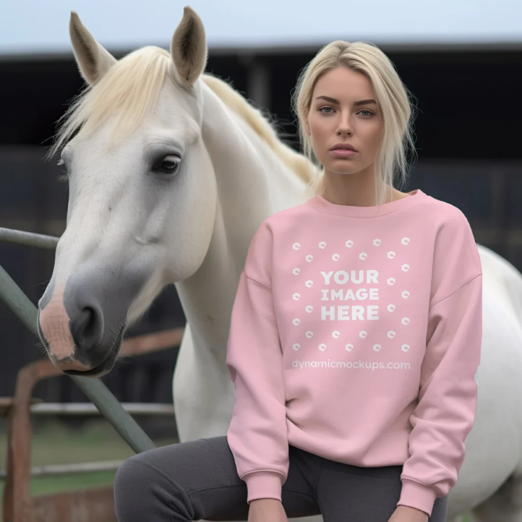 Woman Wearing Pink Sweatshirt Mockup Front View Template