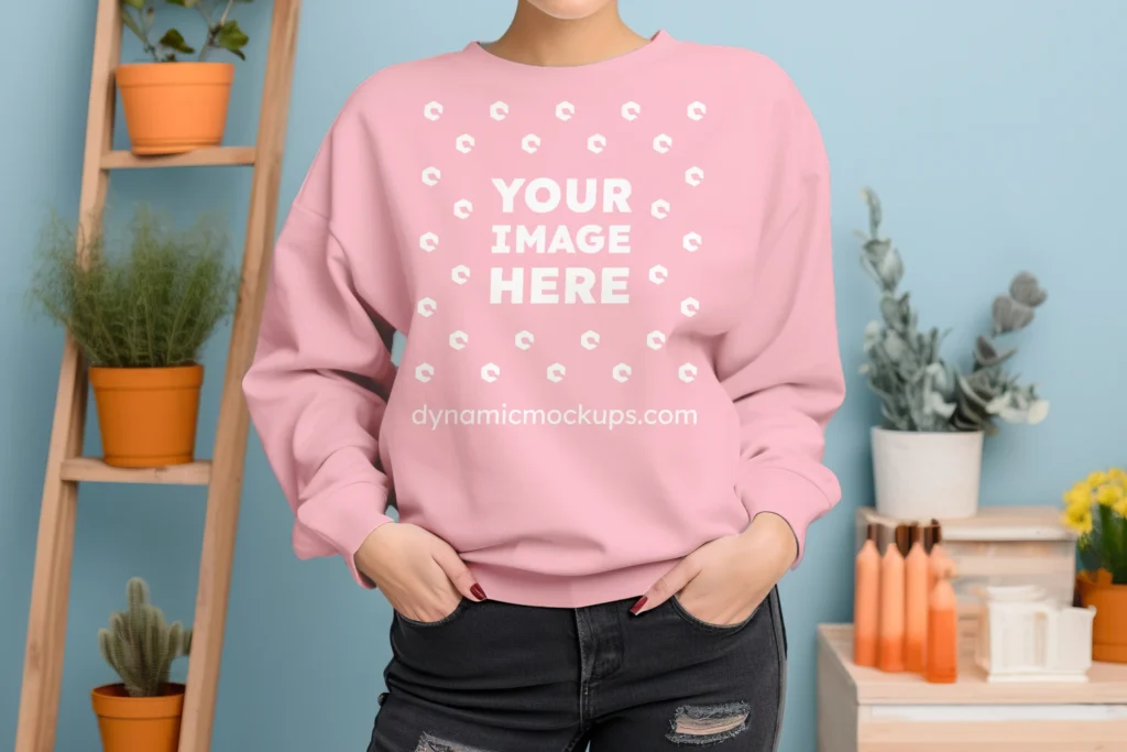 Woman Wearing Pink Sweatshirt Mockup Front View Template