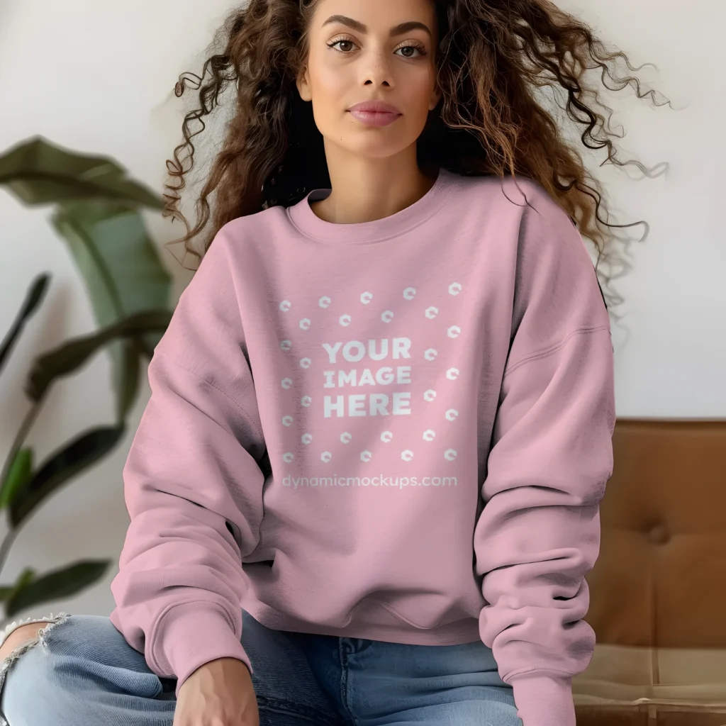 Woman Wearing Pink Sweatshirt Mockup Front View Template