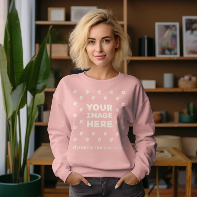 Woman Wearing Pink Sweatshirt Mockup Front View Template