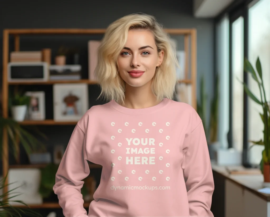 Woman Wearing Pink Sweatshirt Mockup Front View Template