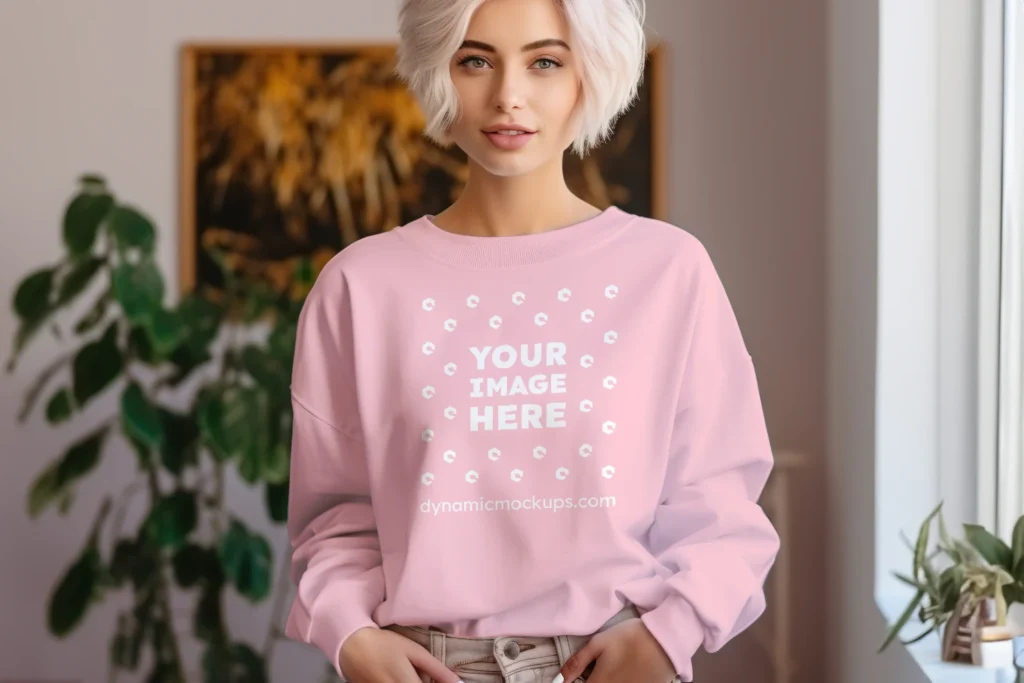 Woman Wearing Pink Sweatshirt Mockup Front View Template