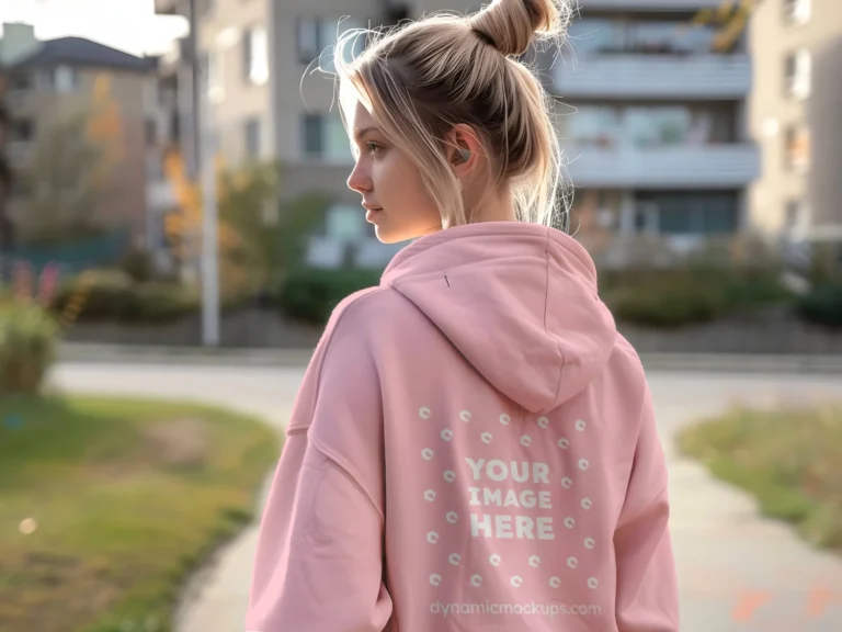 Woman Wearing Pink Hoodie Mockup Back View Template