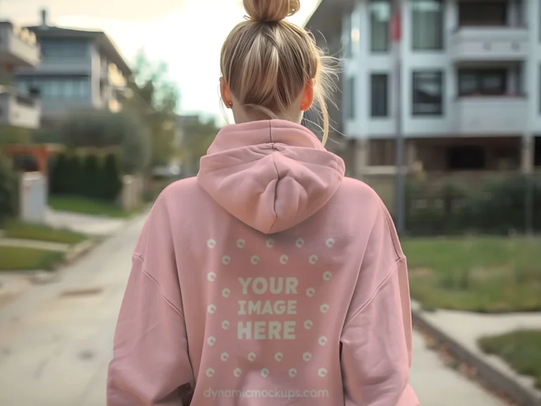 Woman Wearing Pink Hoodie Mockup Back View Template