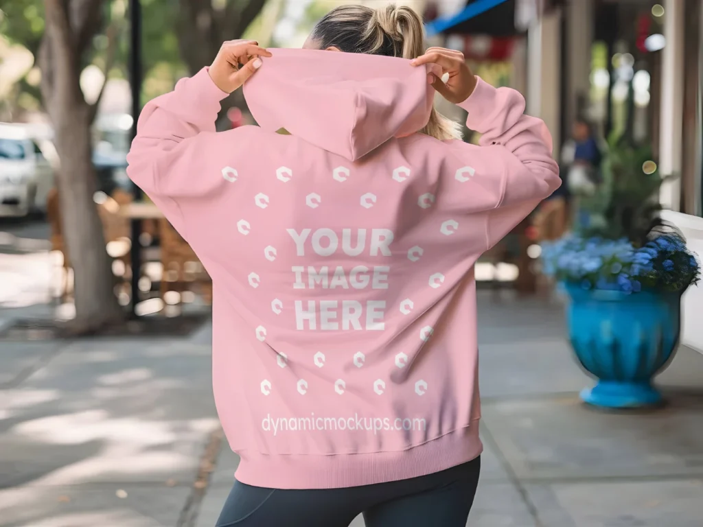 Woman Wearing Pink Hoodie Mockup Back View Template