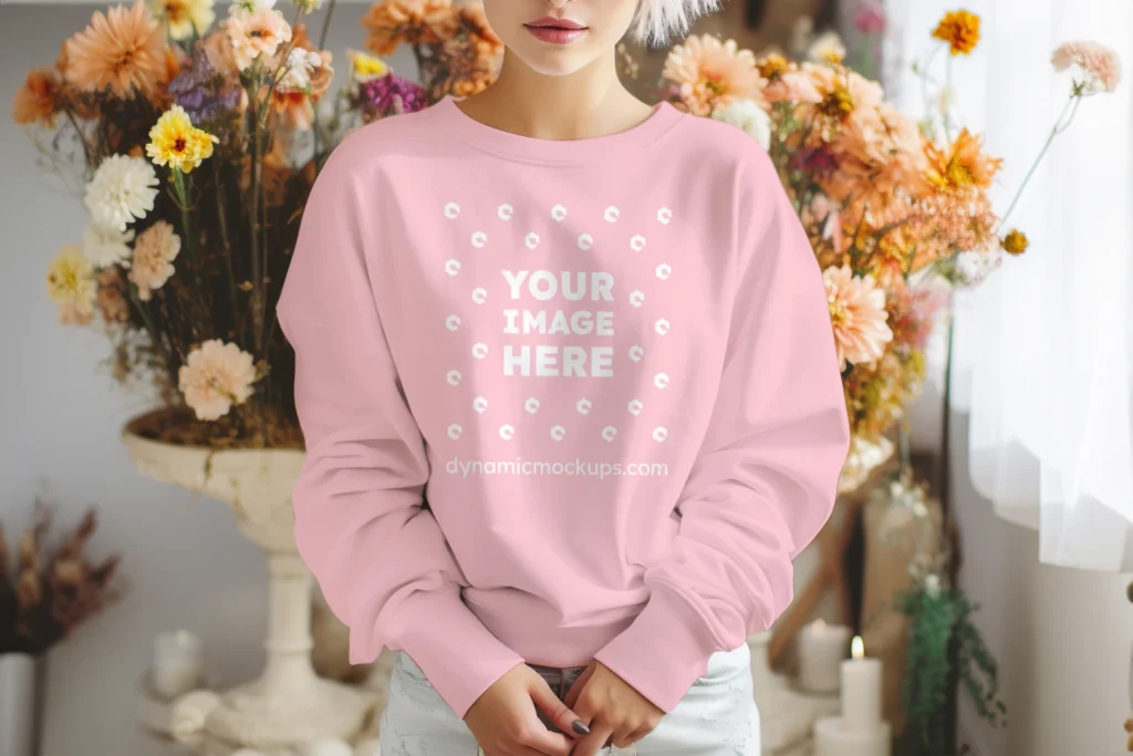 Woman Wearing Pink Sweatshirt Mockup Front View Template