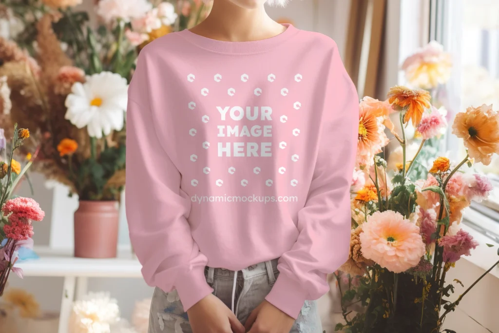 Woman Wearing Pink Sweatshirt Mockup Front View Template