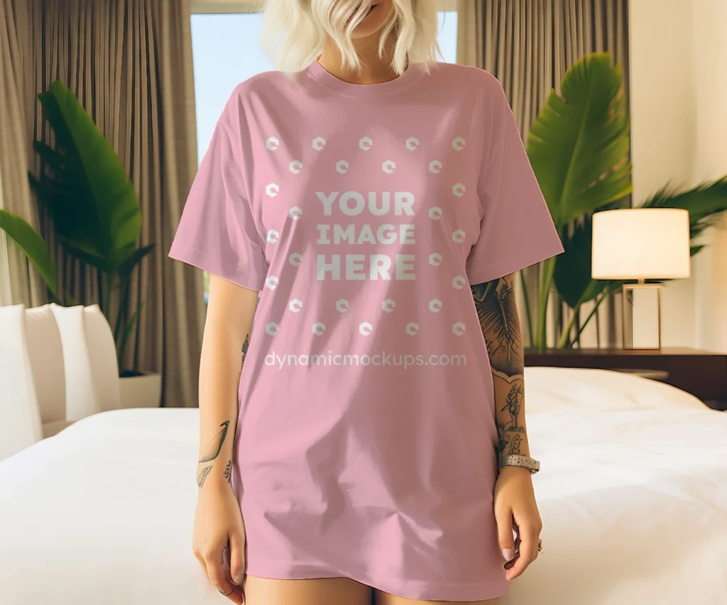 Woman Wearing Pink T-shirt Mockup Front View Template