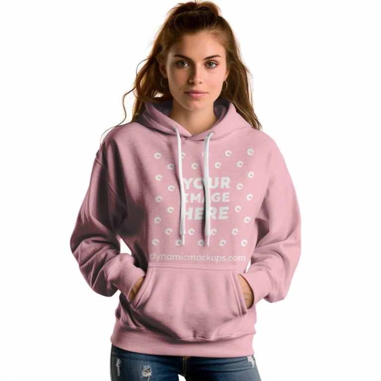 Woman Wearing Pink Hoodie Mockup Front View Template