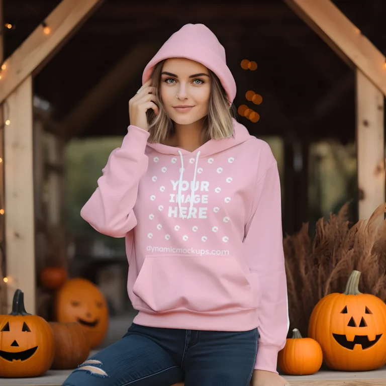 Woman Wearing Pink Hoodie Mockup Front View Template