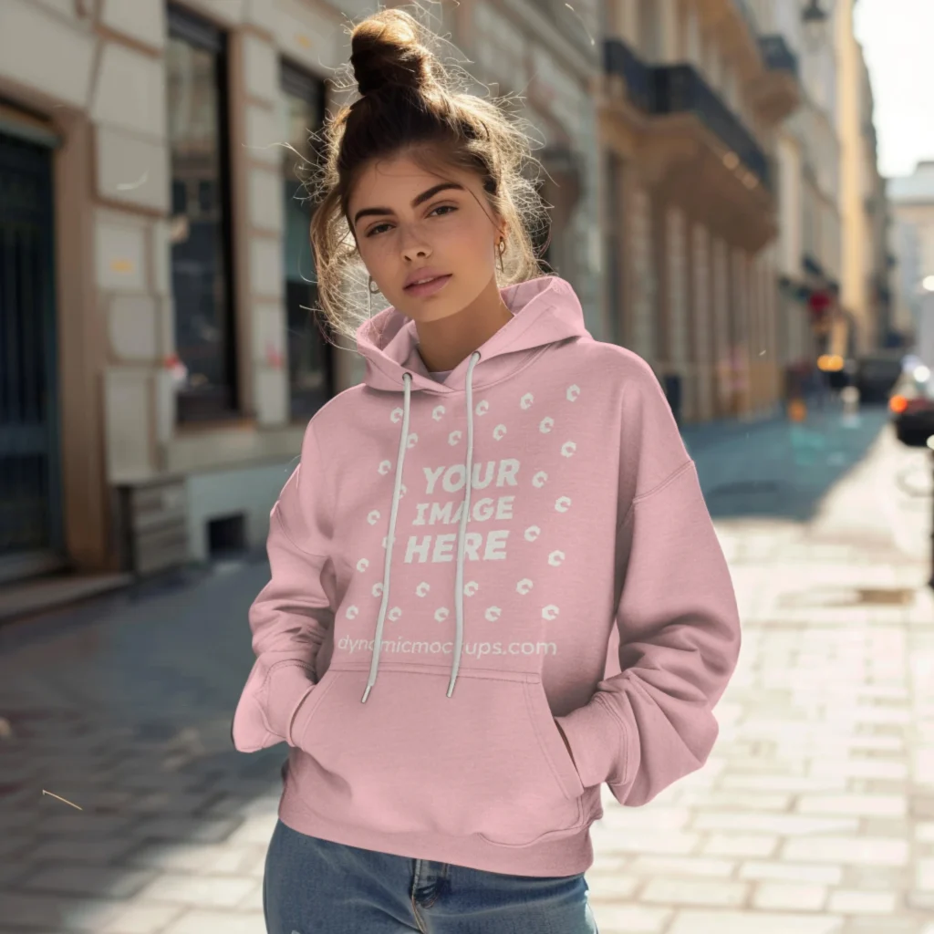 Woman Wearing Pink Hoodie Mockup Front View Template