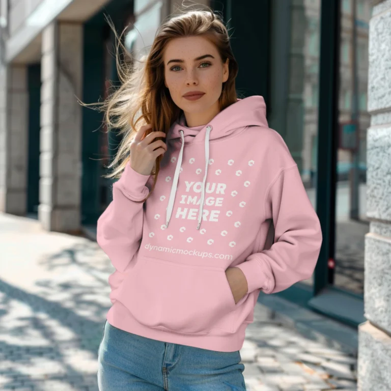 Woman Wearing Pink Hoodie Mockup Front View Template