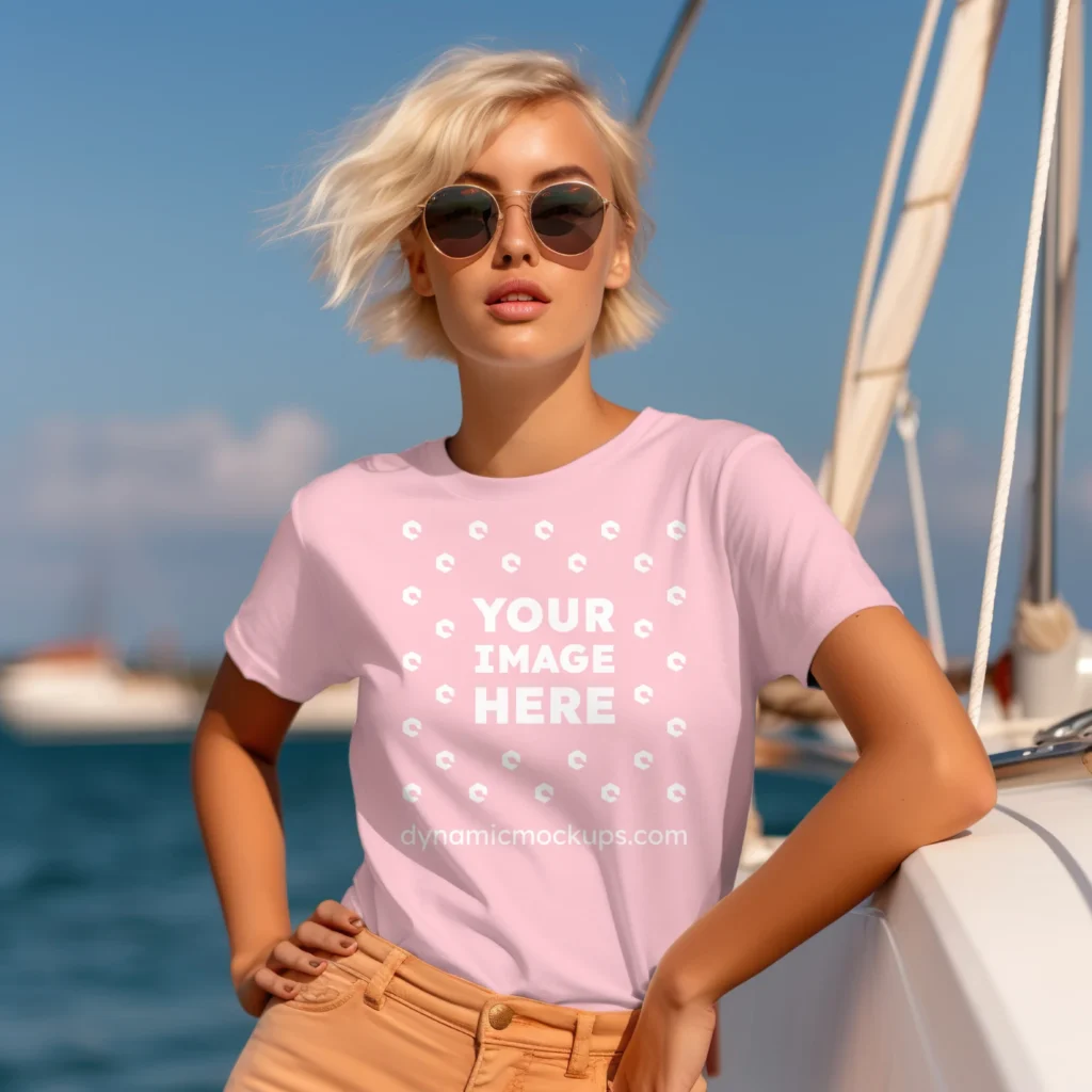 Woman Wearing Pink T-shirt Mockup Front View Template