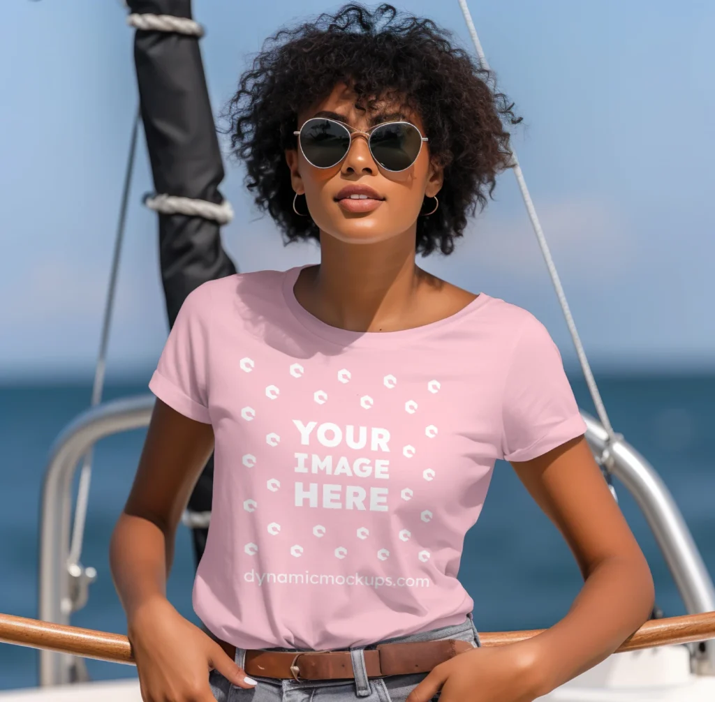 Woman Wearing Pink T-shirt Mockup Front View Template