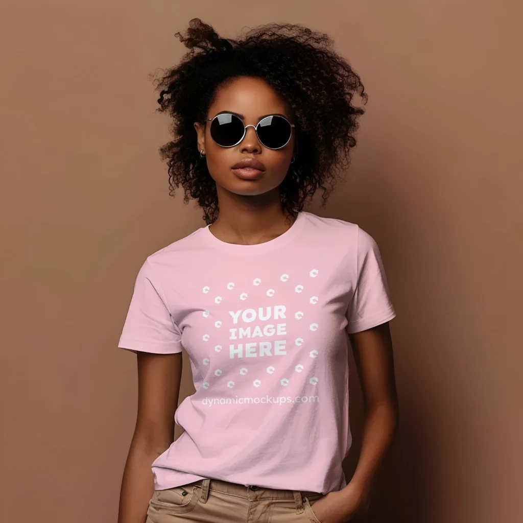 Woman Wearing Pink T-shirt Mockup Front View Template