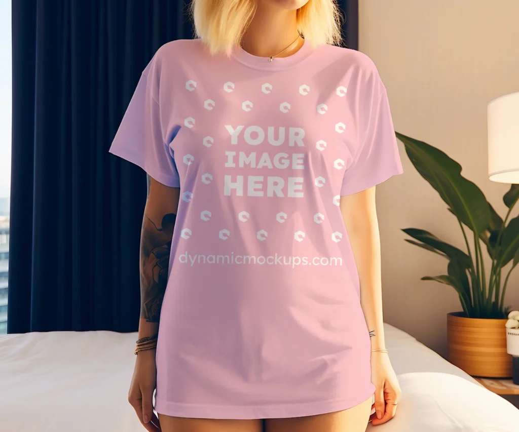 Woman Wearing Pink T-shirt Mockup Front View Template