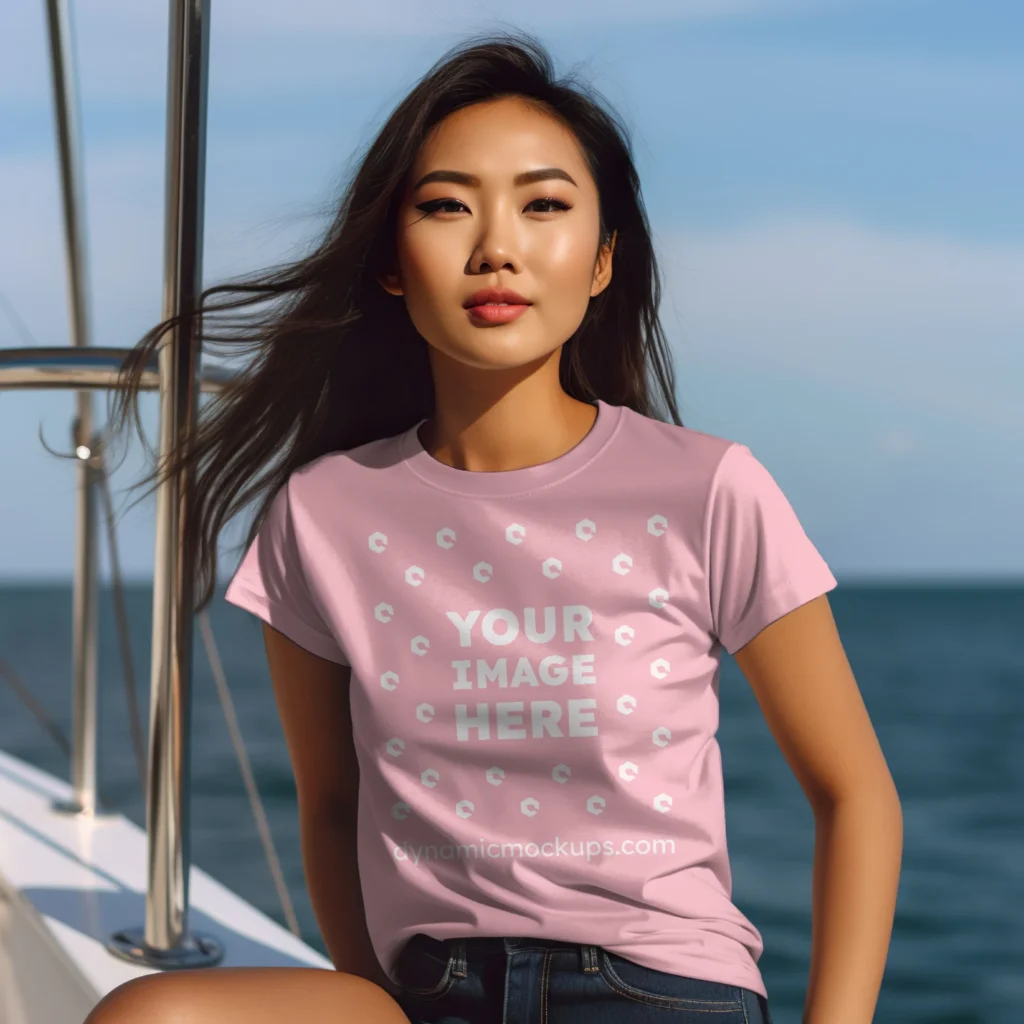 Woman Wearing Pink T-shirt Mockup Front View Template