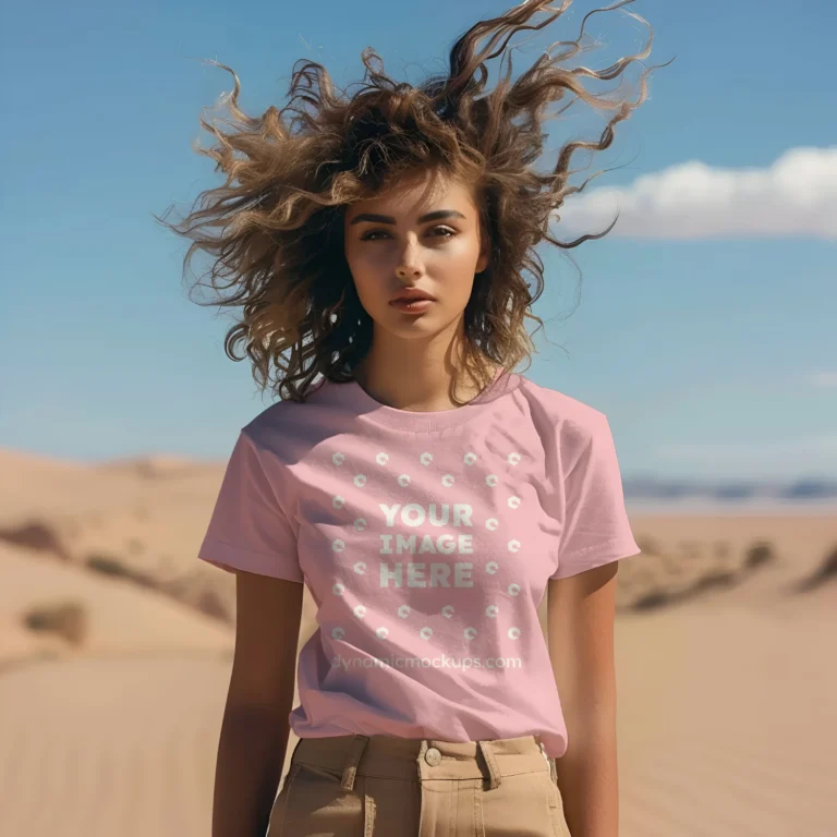 Woman Wearing Pink T-shirt Mockup Front View Template