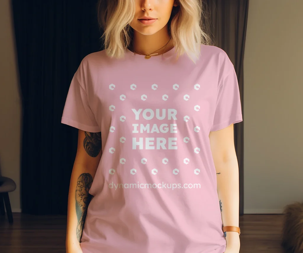 Woman Wearing Pink T-shirt Mockup Front View Template