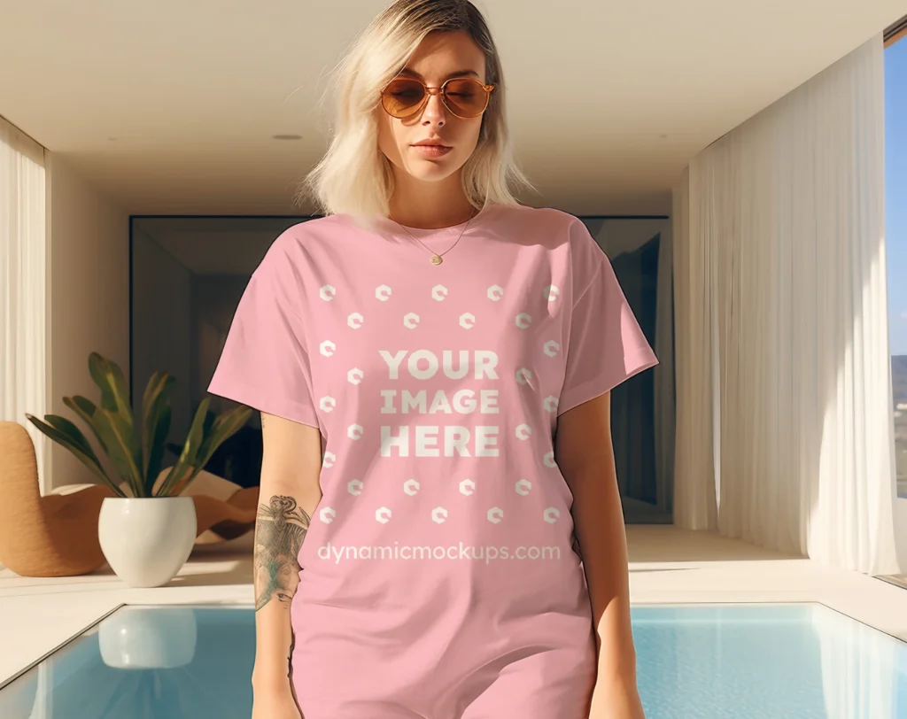 Woman Wearing Pink T-shirt Mockup Front View Template