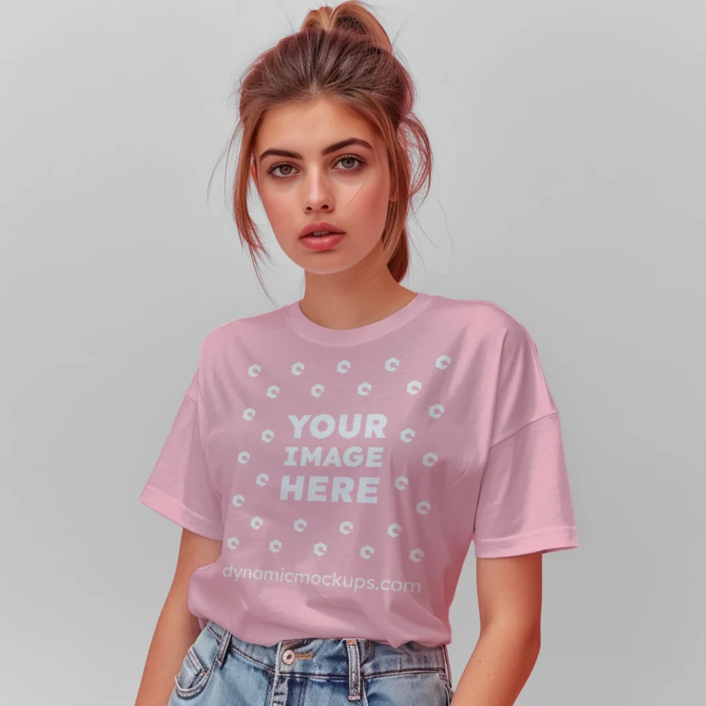 Woman Wearing Pink T-shirt Mockup Front View Template