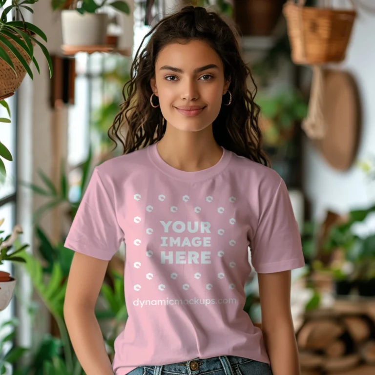 Woman Wearing Pink T-shirt Mockup Front View Template