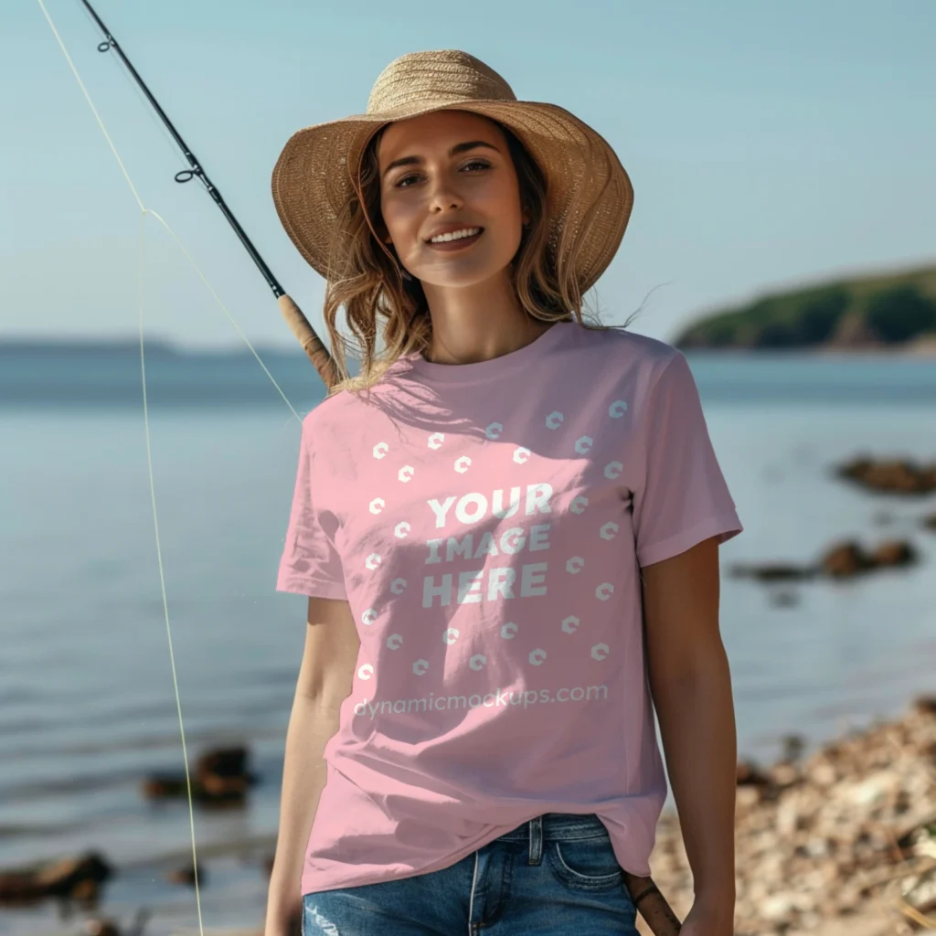 Woman Wearing Pink T-shirt Mockup Front View Template