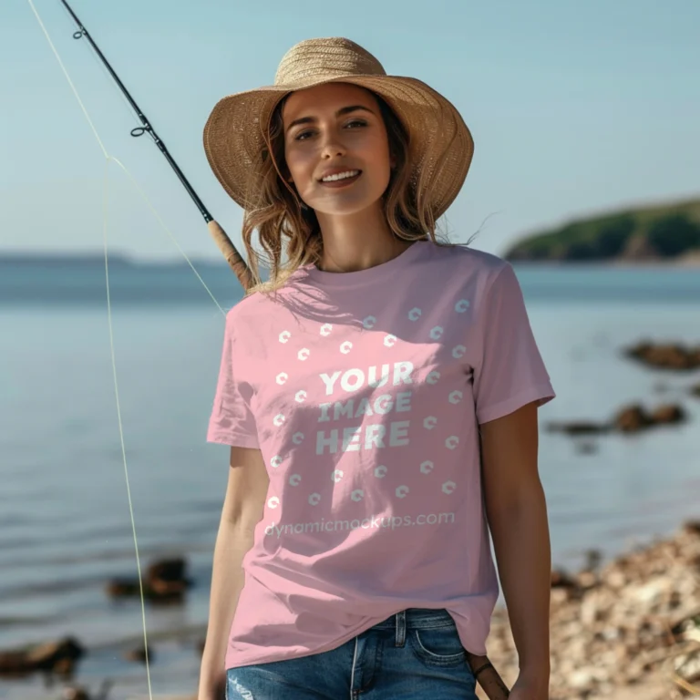 Woman Wearing Pink T-shirt Mockup Front View Template