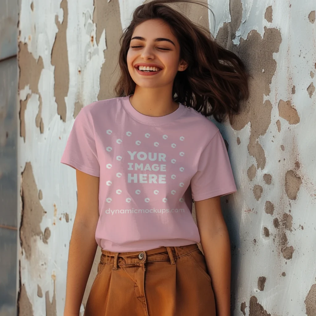 Woman Wearing Pink T-shirt Mockup Front View Template