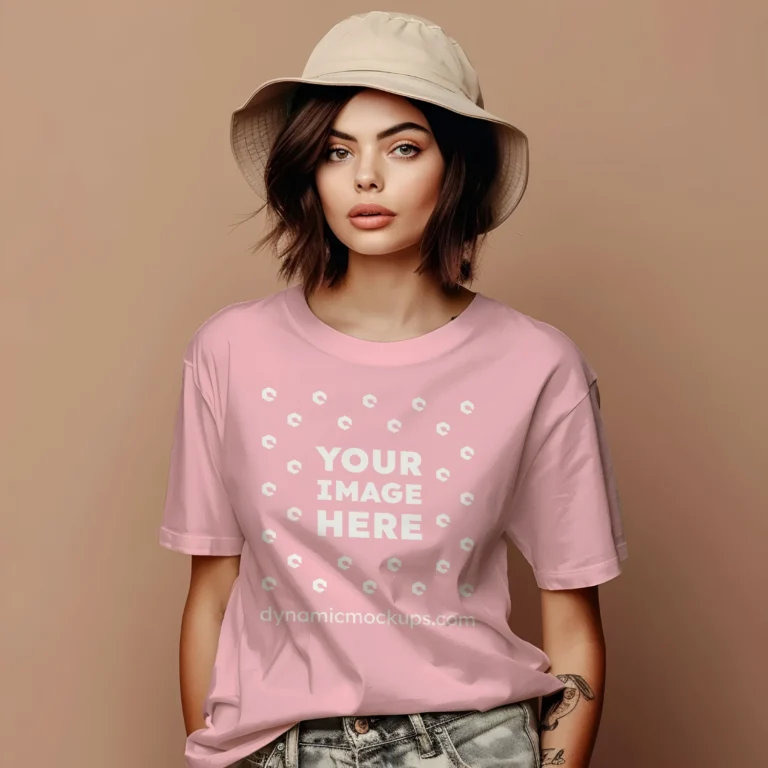 Woman Wearing Pink T-shirt Mockup Front View Template