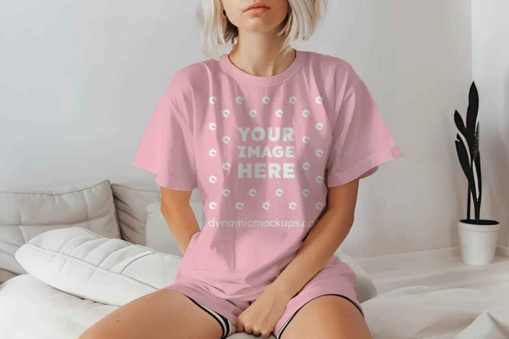 Woman Wearing Pink T-shirt Mockup Front View Template