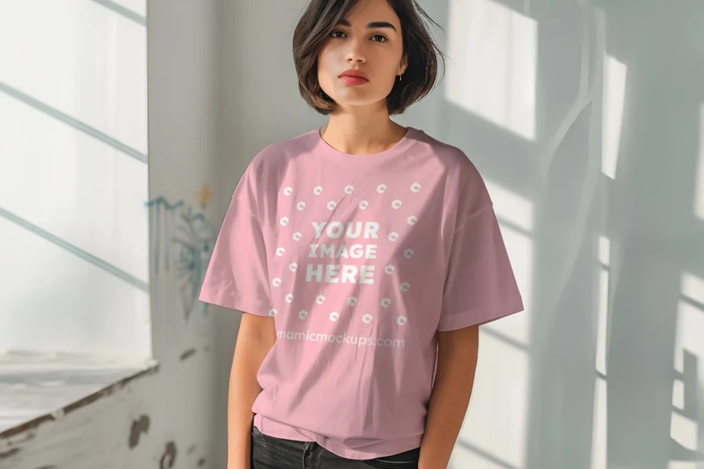 Woman Wearing Pink T-shirt Mockup Front View Template