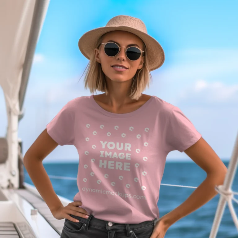 Woman Wearing Pink T-shirt Mockup Front View Template