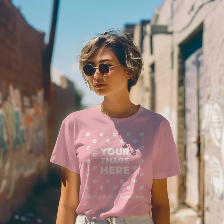 Woman Wearing Pink T-shirt Mockup Front View Template