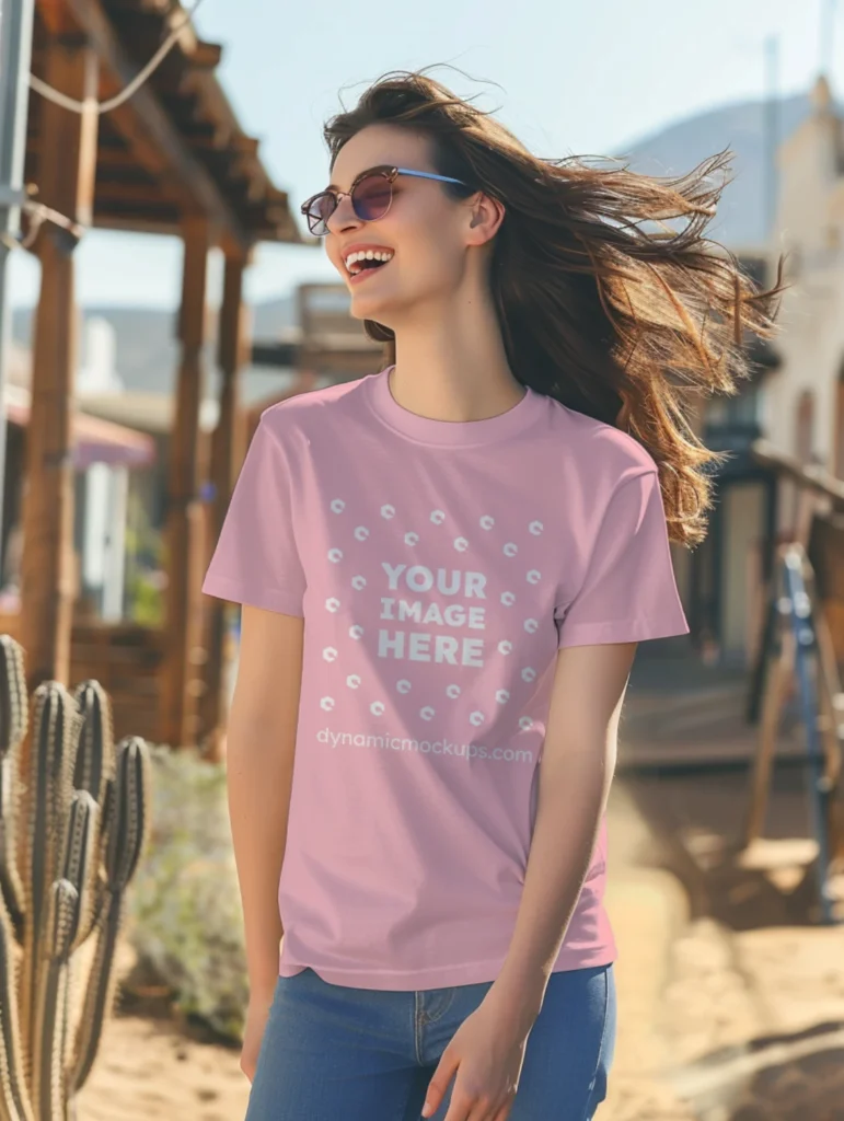 Woman Wearing Pink T-shirt Mockup Front View Template